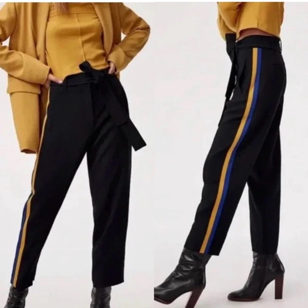 Aritzia Wilfred Jallade Trouser Black Pants with Blue and Gold Stripes